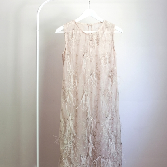 Beige Mesh Dress with Feathers and Gems - Picture 1 of 4